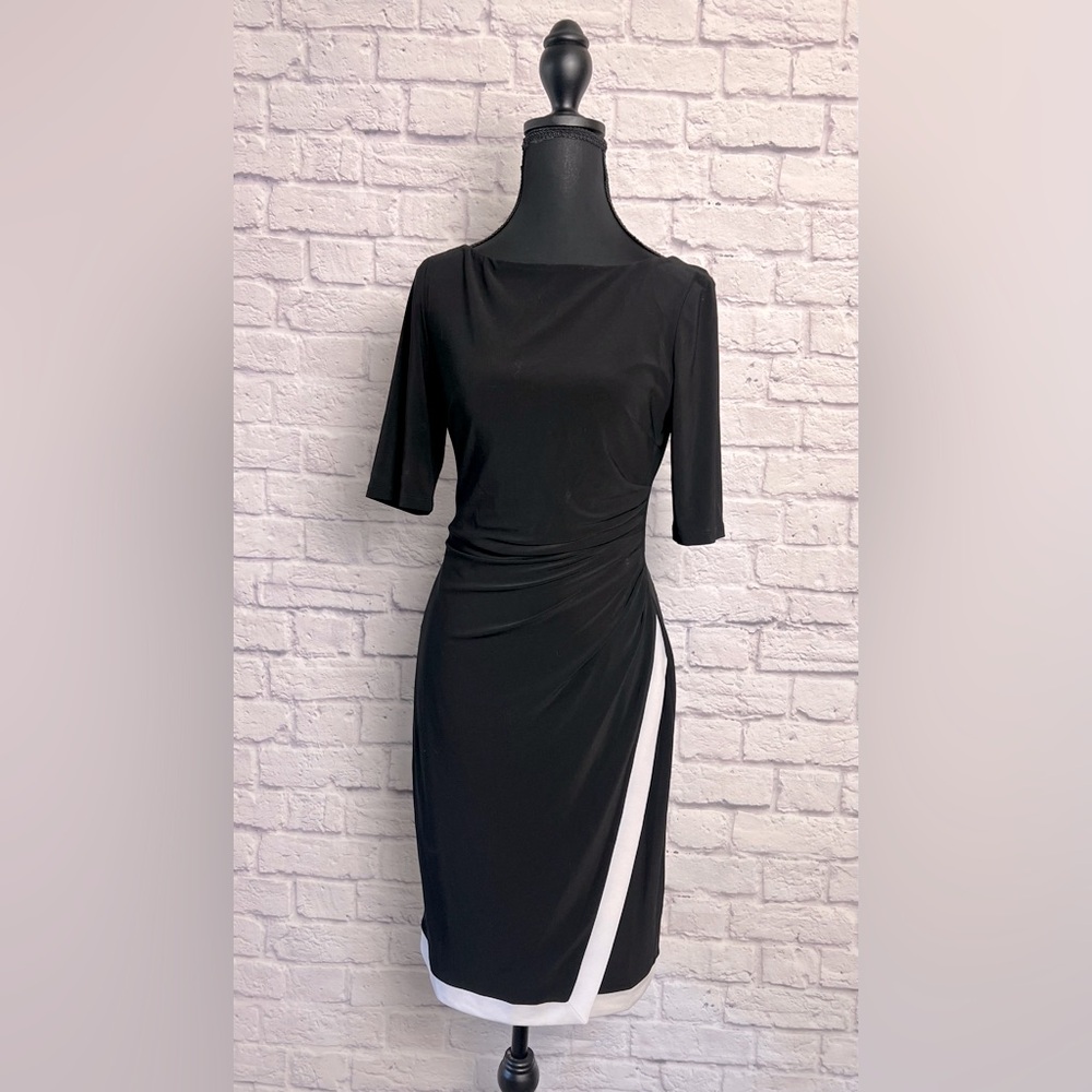 Chaps Faux Wrap Dress with 3/4 Sleeves and High Neckline size XS